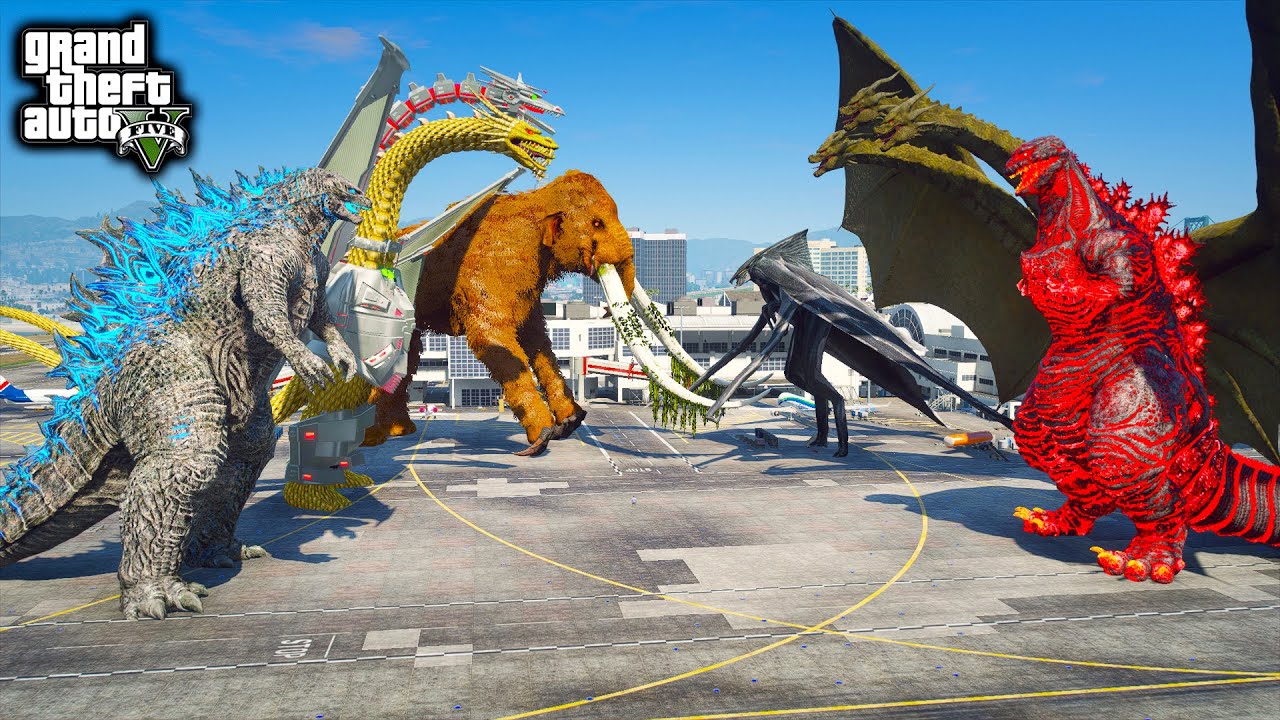 Godzilla, Mecha Ghidorah, Behemoth Vs Shin Godzilla, King Ghidorah, Muto Kaiju ( GTA V Mods )