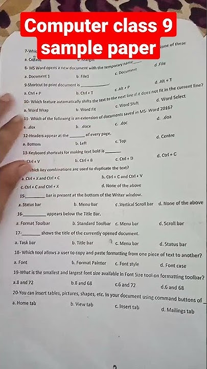 class 9 computer sample paper of ms word - YouTube