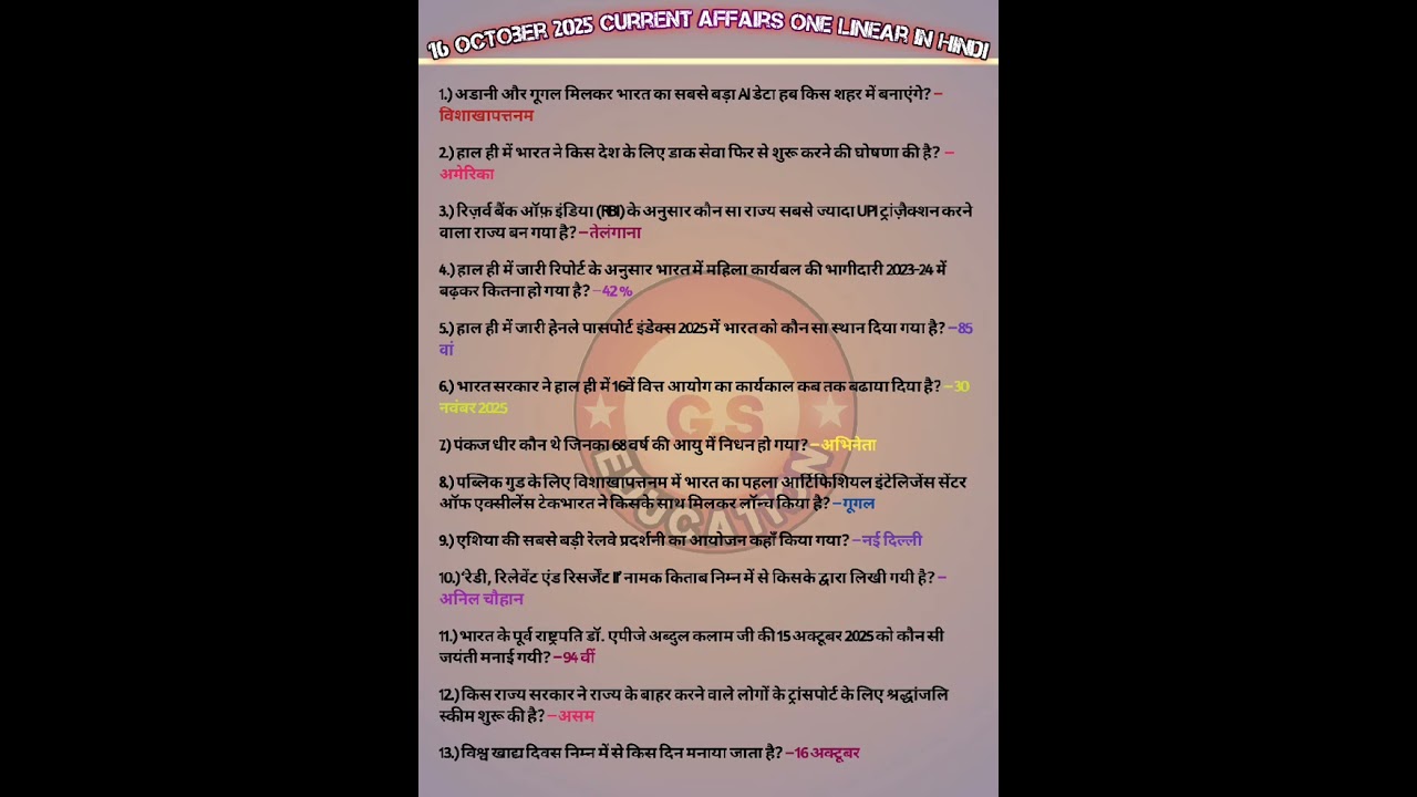16 October 2025 Current Affairs One Linear in Hindi||current affairs  