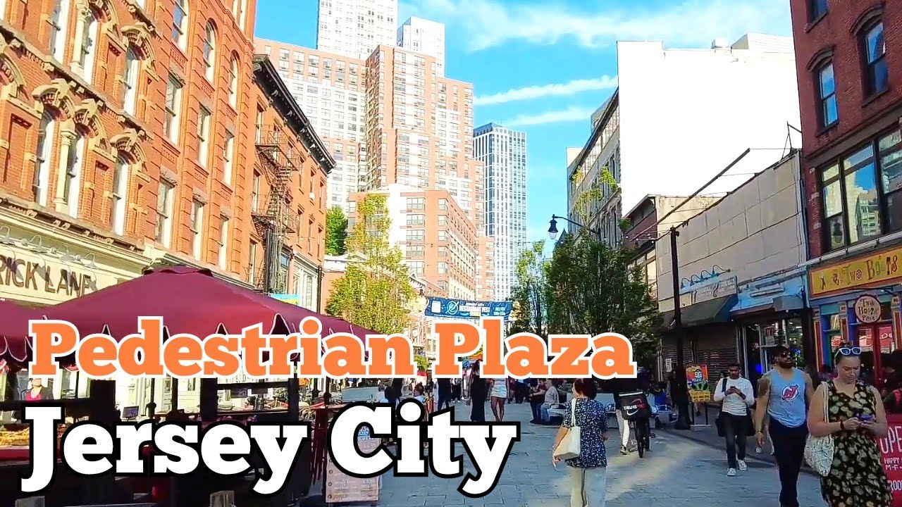 Walk tour inside Newark Avenue Pedestrian Plaza in Jersey City, New Jersey, USA