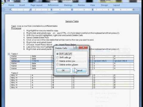 Microsoft Office Word 2007, Copy a row of data from one table to another  table. - YouTube