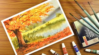 Watercolor landscape painting | spring season with yellow maple tree - step by step for beginners