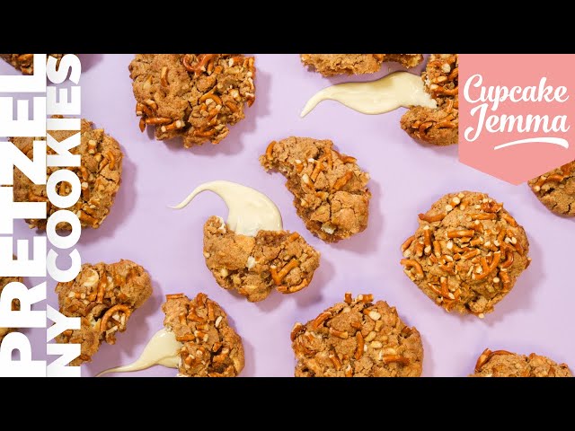 Salted Pretzel & Caramelized White Chocolate New York Cookies | Cupcake Jemma class=