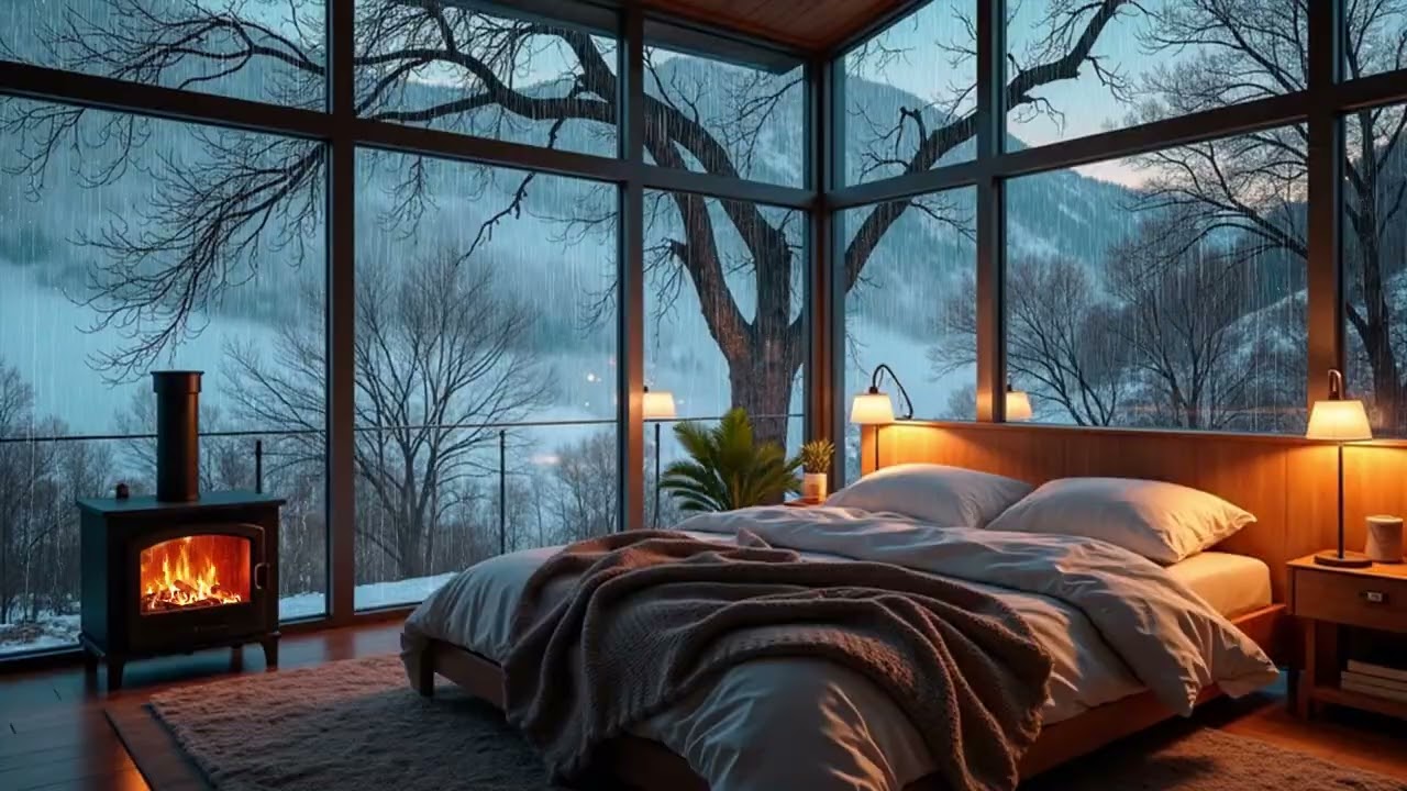 Cozy Winter Rain Sounds by Glass Bedroom & Fireplace | Deep Sleep Ambience