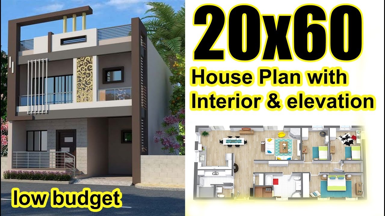 20x60 House  plan  with interior Elevation low budget 