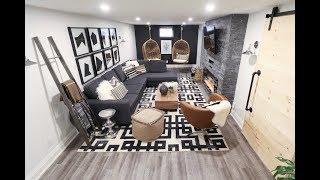 A chic and cozy basement living room for a family of five