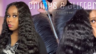 From Lace Front to V-Part Wig | Buss Down Middle Part w/ Crimps and Glitter✨