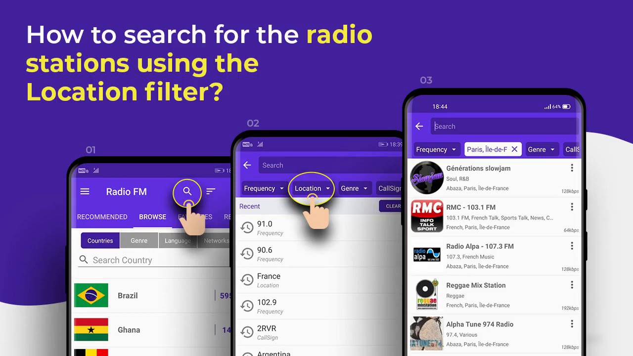 How can I search for the radio stations using the Location filter?
