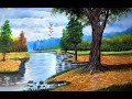 Lanscape painting colorful fall foilage and river natureart