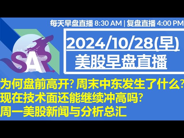 美股直播10/28[早盘] 为何盘前高开? 周末中东发生了什么? 现在技术面还能继续冲高吗?周一美股新闻与分析总汇