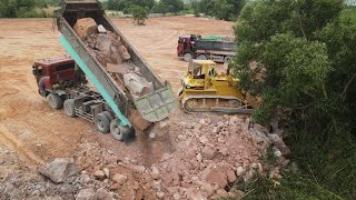 Excellent Skill Pushing Stone And Dumping To Filling Up Huge Area By Komatsu Dozers And Dump Trucks