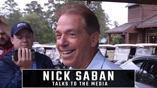 Nick Saban talks to the media at Nick's Kids Golf Tournament