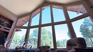 Dramatic Living Room with Custom Hunter Douglas Trapezoidal Cellular Shades, PowerView Solar Power