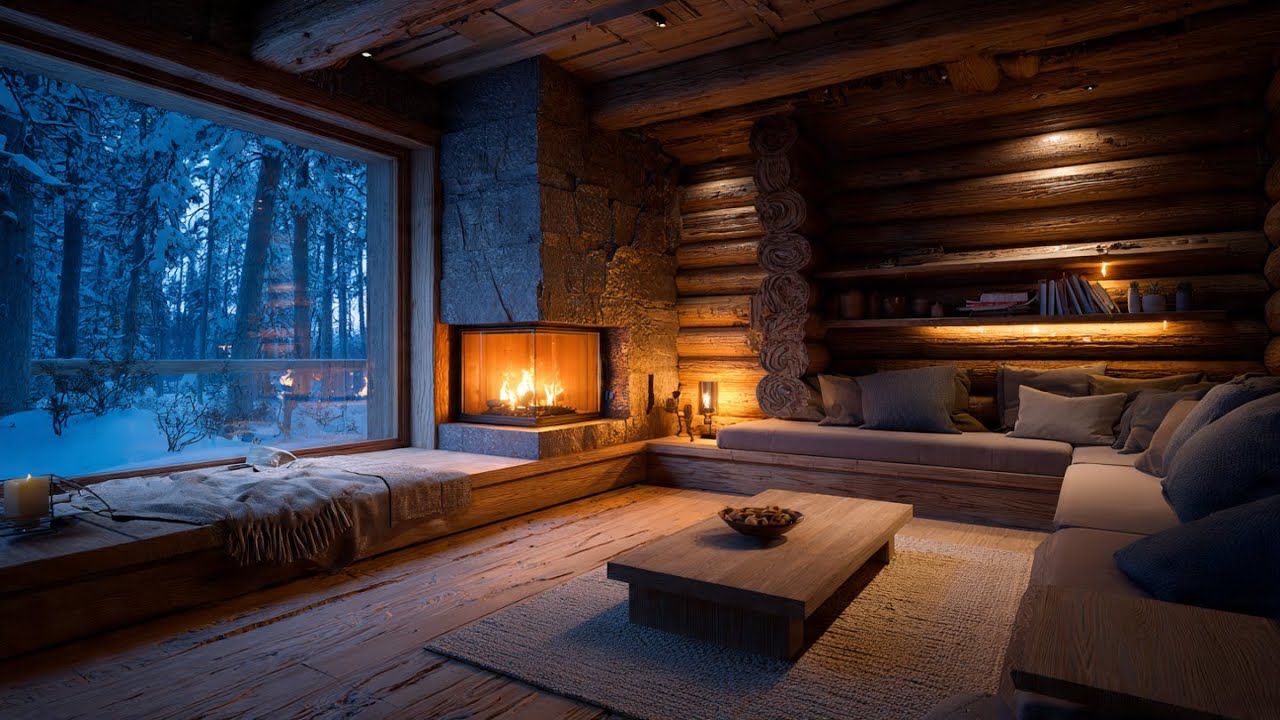 Winter Lake Cabin Ambience ❄️ Relaxing Jazz, Fireplace Sounds for Study & Work
