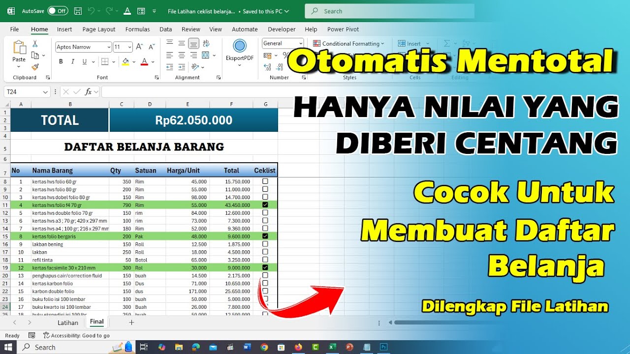 Checklist Daftar Belanja - Otomatis Mentotal Item Yang Dicentang 