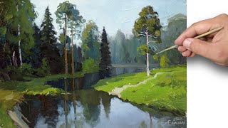 Живопись маслом: пейзаж с рекой и лесом | Oil painting: landscape with river and forest