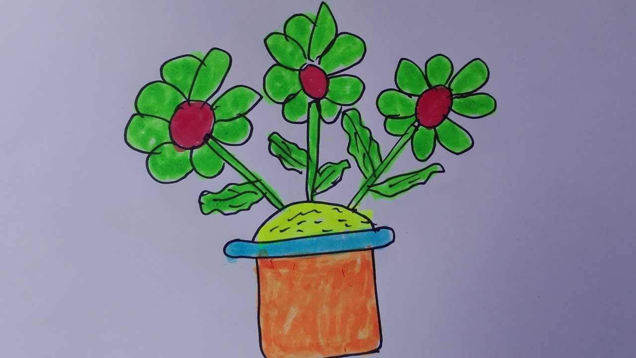 How to draw  a flower pot  flower pot  drawing  with colour 