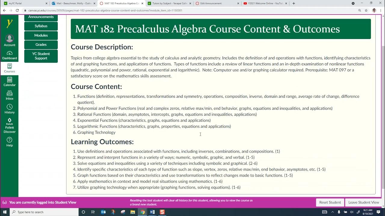 MAT 182 Tour of Canvas F2021 YouTube