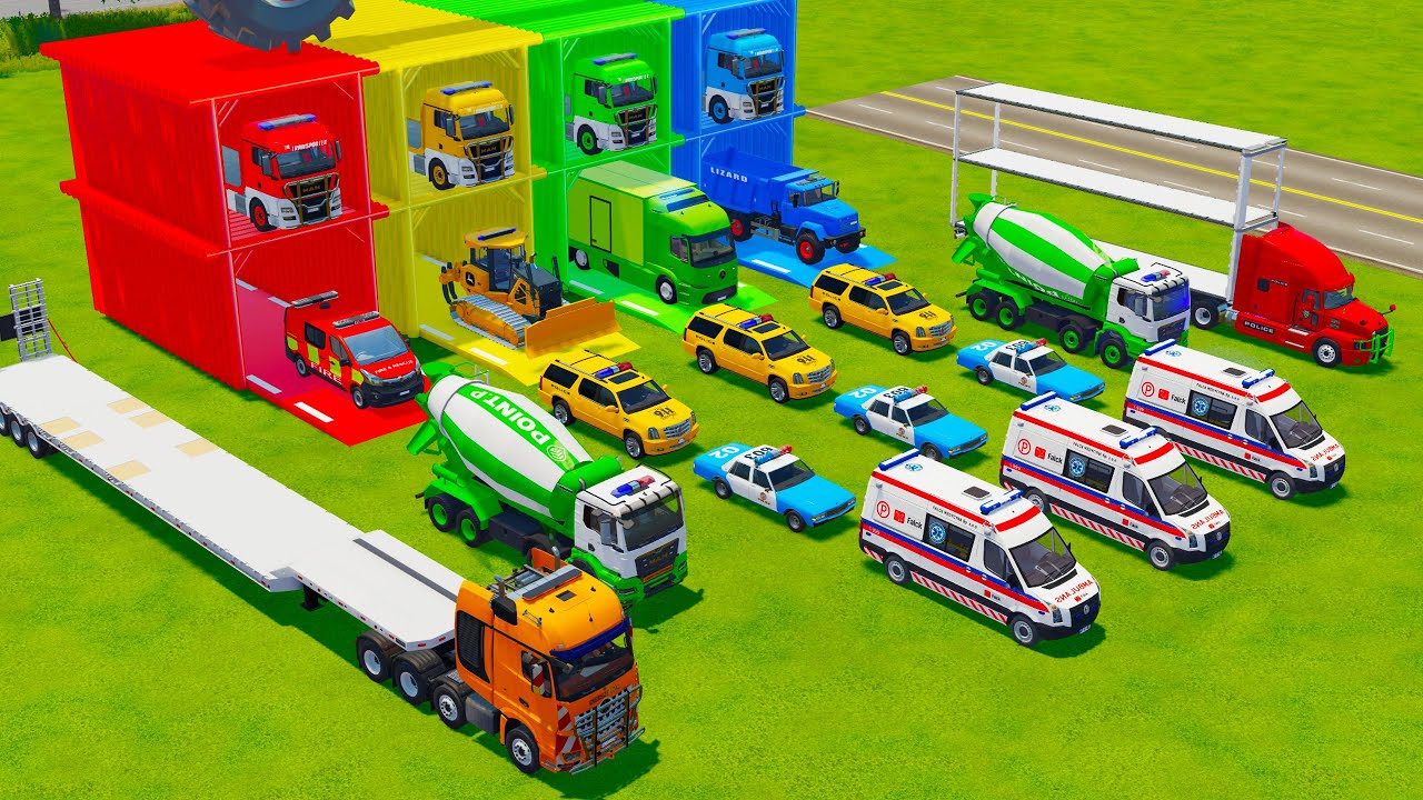 TRANSPORTING POLICE AND EMERGENCY VEHICLES, BULLDOZER, BETON MIXER TRUCK TO GARAGE - FS22