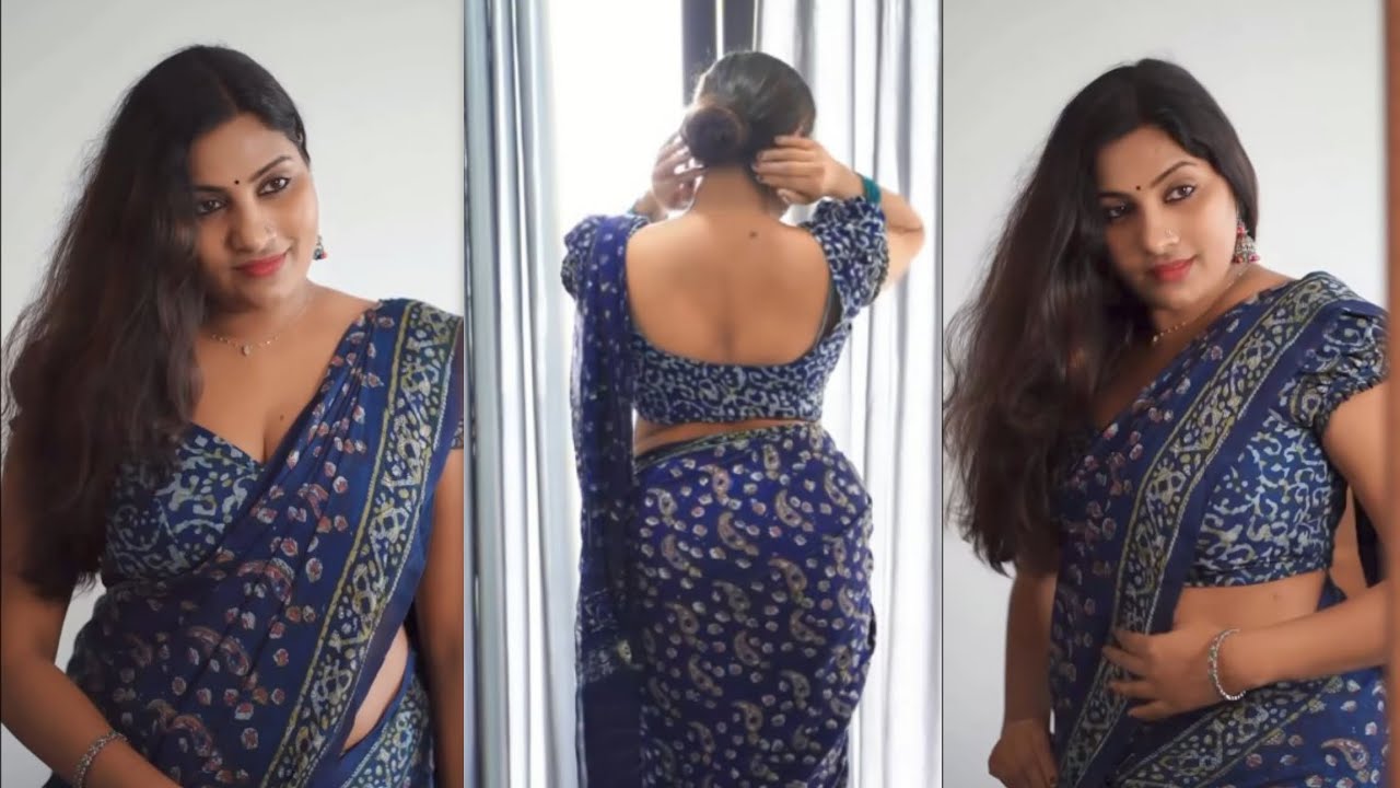 South Indian Saree Draping Style Posing in Blue Cotton Saree With Blue Cotton Printed Blouse