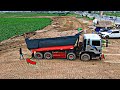 Amazing Action Landfilling!!Dump truck dirty ,Technically by dozer SHANTUI  pushing soil.