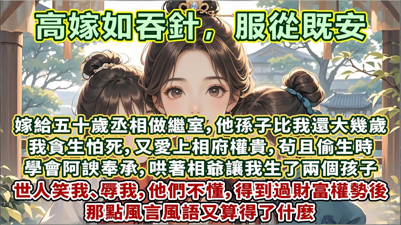 完結細膩清醒文：今夜是我的洞房花燭夜，心中的懼怕讓我顫抖不已。我嫁給五十歲丞相做繼室，他孫子比我還大幾歲。我貪生怕死，又愛上相府權貴，茍且偷生時學會阿諛奉承，哄著相爺讓我生了兩個孩子。世人笑我辱我……