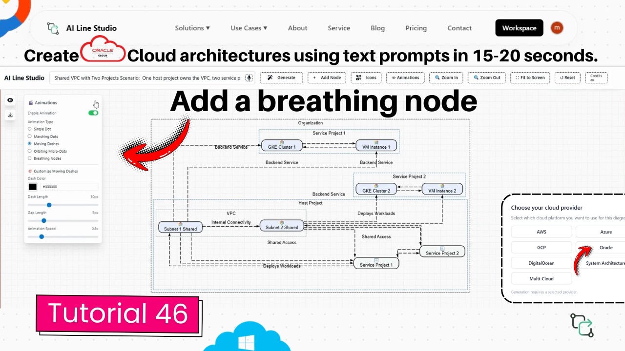 Oracle architecture diagram breathing node animation tutorial showing pulsing nodes on a multi-region OCI layout