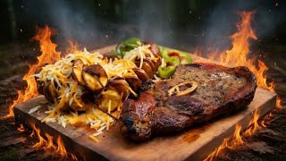 Full Primal Destruction Mode → Epic 4K Campfire ~ Giant Steak + Spear Potatoes with Melted Cheese