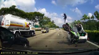 Speeding Biker Rear Ends Stopped Vehicle in the Fast Lane & Flies Through the Air !