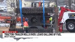 Tractor-trailer rolls over, leaks dozens of gallons of fuel in West Haven