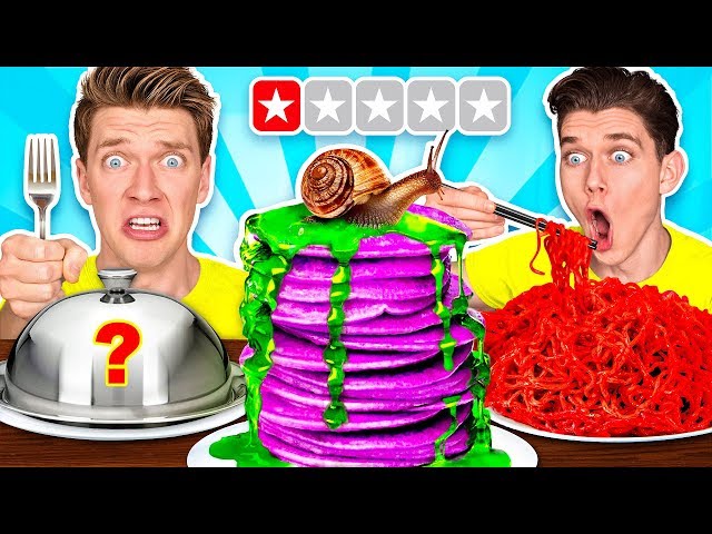 Worst Reviewed Food Mystery Wheel Challenge u0026 How To Eat Weird Foods Like a Taro Pancake class=