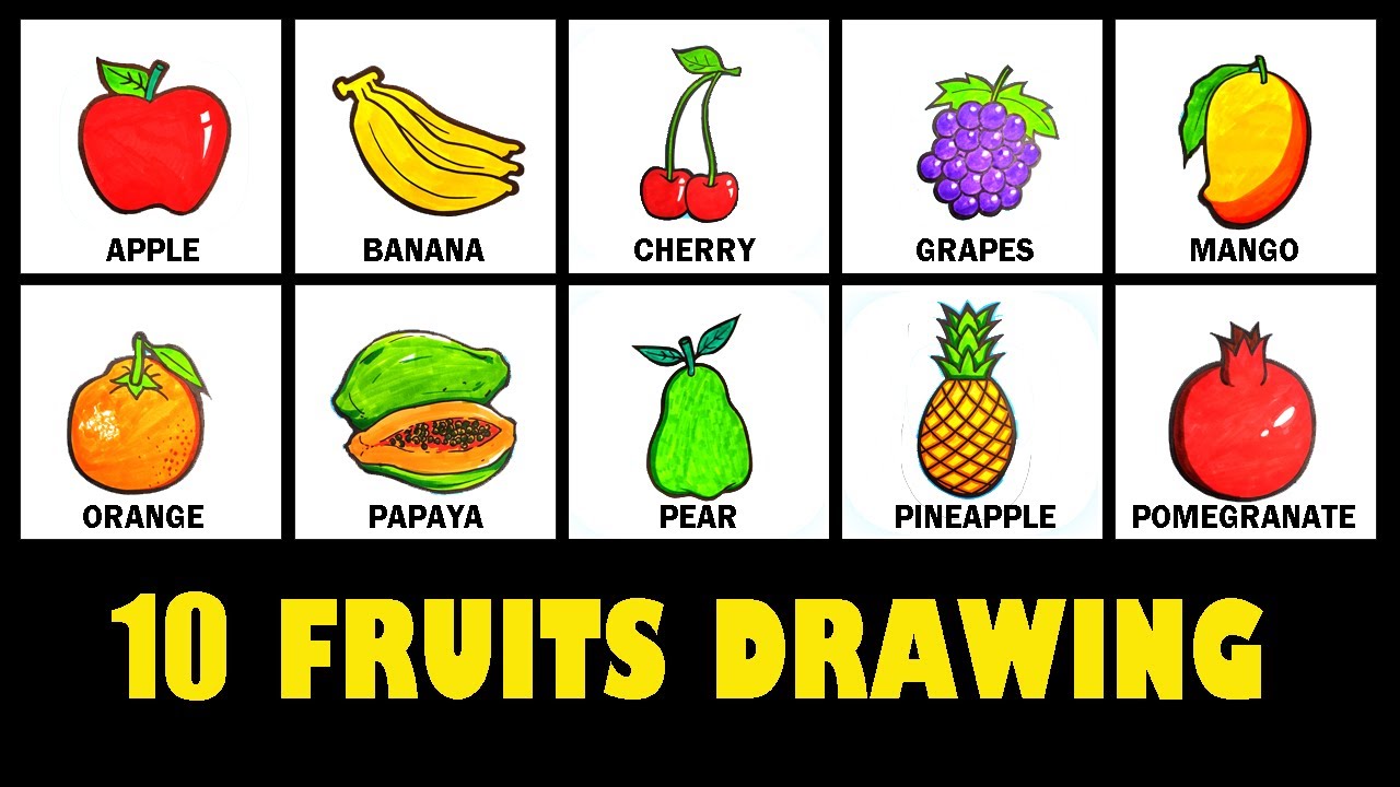 10 Fruits Drawing And Coloring Easy || Fruits Drawing With Their ...