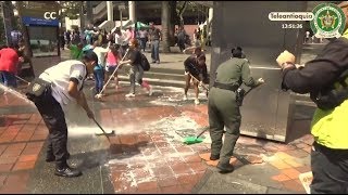 Policía y vendedores se unieron para embellecer el Parque Berrío