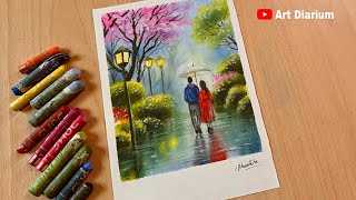 How to Draw a Romantic Rainy Scene with Oil Pastels - Couple walking with an Umbrella