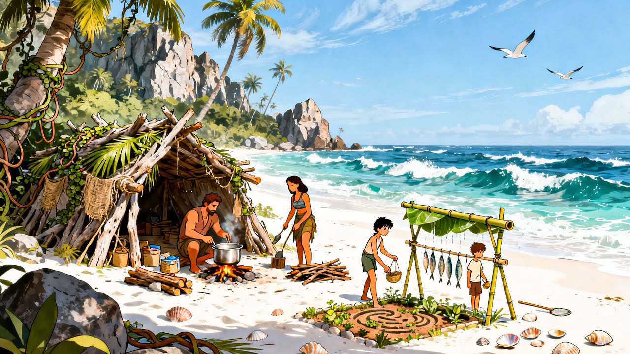 Survival on a Deserted Island | Setting up a Tent & Fishing | Ghibli-Style Video