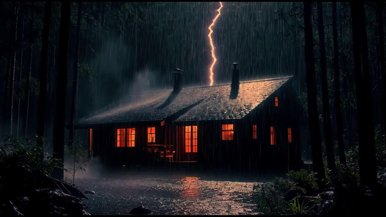 24/7 LIVE STREAM  🌧️  Forest Cabin During Heavy Rain 🔥 |  Insomnia Relief 😴 |  Night Forest Ambienc