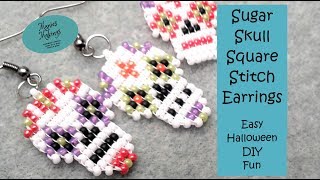 Sugar Skull Square Stitch Earrings - Easy Halloween DIY Fun