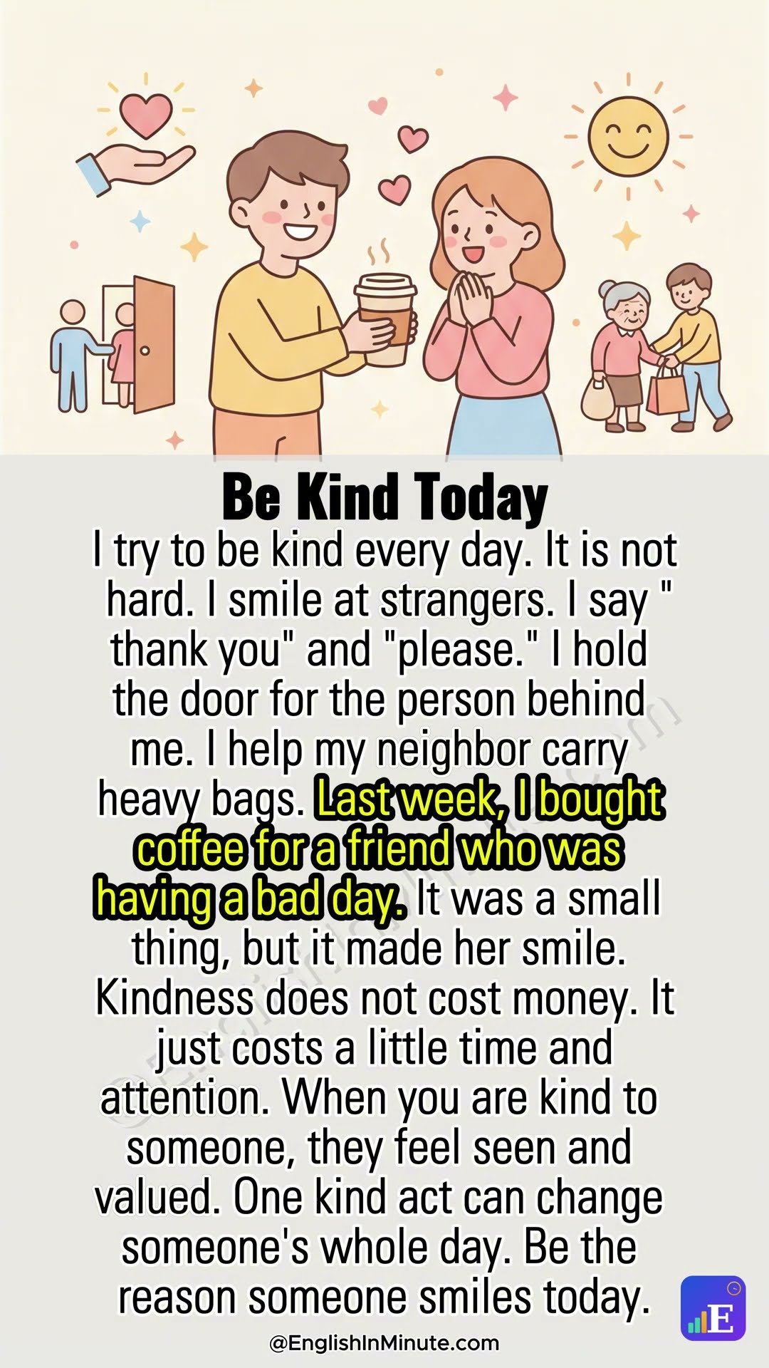 💛 A Kind Person | 1-Minute English Reading for Beginners  #learnenglish #englishforbeginners