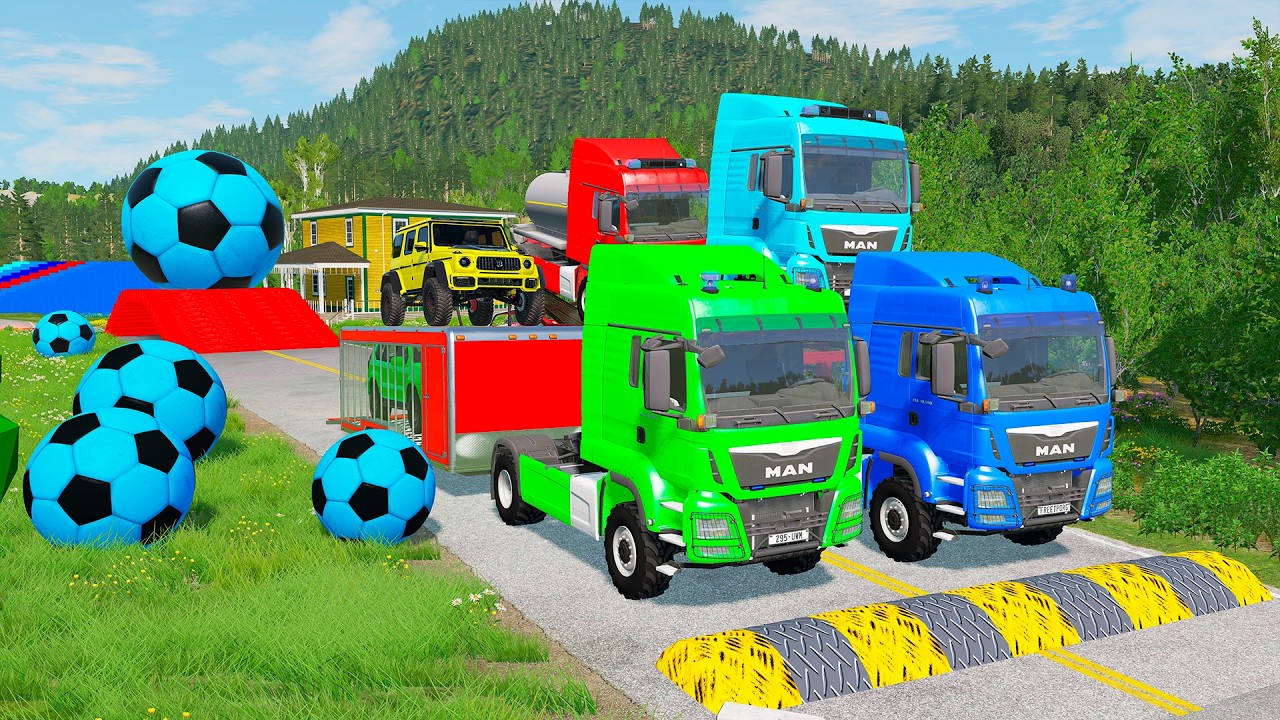 Flatbed Trailer McQueen Transportation with Truck - Speedbumps vs Cars vs Train - BeamNG.Drive #163