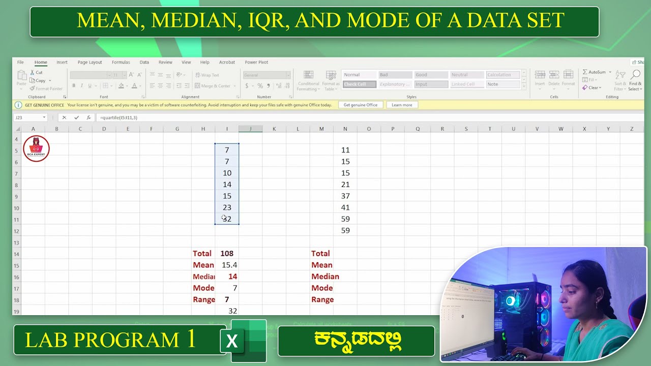 Using Excel Functions to Find the Mean,, Median, IQR, and Mode of a