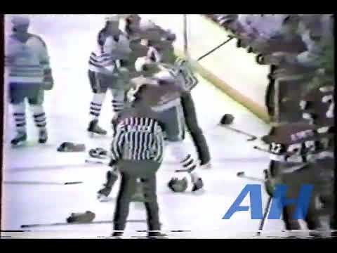 AHL ?. ?, 1984-85 Nova Scotia Oilers v Adirondack Red Wings (R) Archie Henderson v John Beukeboom