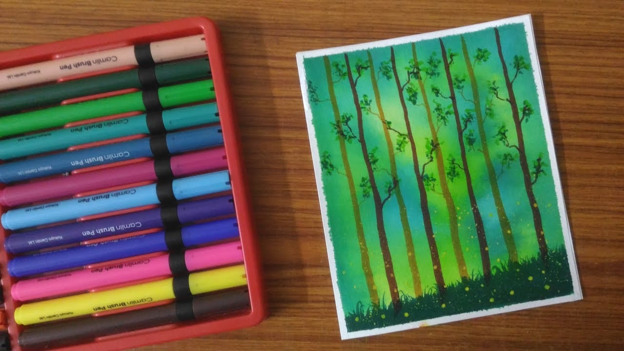 Fireflies in Forest Scenery Drawing for Beginners using Brush Pen