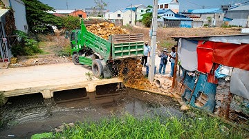 First Start a New Project! Landfill on Flooded Garbage Canal by Dozer D20P & 5 Ton Truck Push Stone