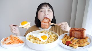 Eggs and Rice with Soy Sauce Fried Spam Real Sounds Mukbang _ How to make it! :D