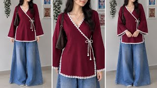 Insta Trending Angrakha Short Kurti Cutting & Stitching (M Size) | College Wear Kurti Design screenshot 5