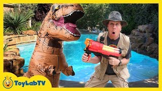 TRex & Park Rangers Nerf Face Off! Funny Dinosaur Chase, Family Fun Game & Toys Collection for Kids
