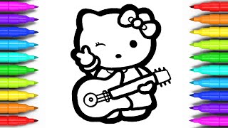 Hello Kitty with Guitar Drawing and Coloring for Kids, Toddlers | How to Draw a Hello Kitty for Kids