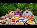 Preparing traditional azerbaijani breakfast  cooking delicious fish lamb leg and khinkali