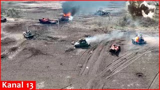 Ukrainian army destroys Russian tanks loaded with ammunition with M67 grenades supplied by the US