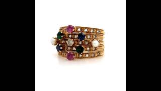 Vintage 18kt diamond, Ruby, Sapphire, Emerald, & pearl stacking ring set in 18kt gold
